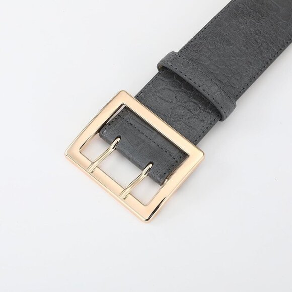 Women Leather Wide Fashion Thick Dress Belt With Gold Buckle Belt Grey Gold